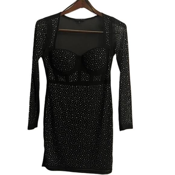Iris Chic Black Long Sleeve Dress with Silver Accents, Medium - Picture 1 of 5